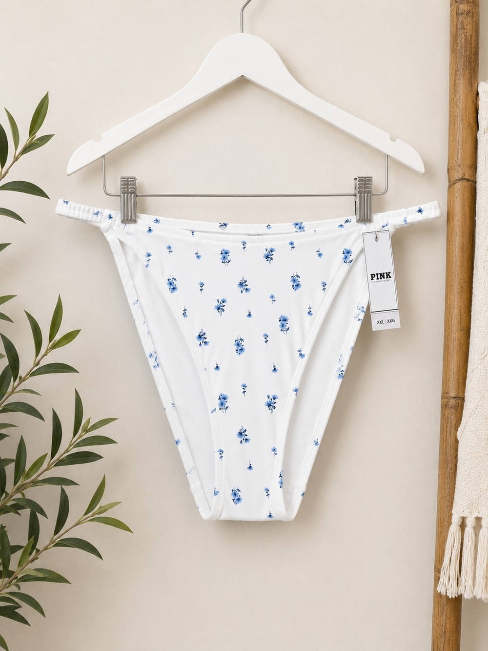 PINK Victoria's Secret White Bikini Bottom with Blue Floral Print